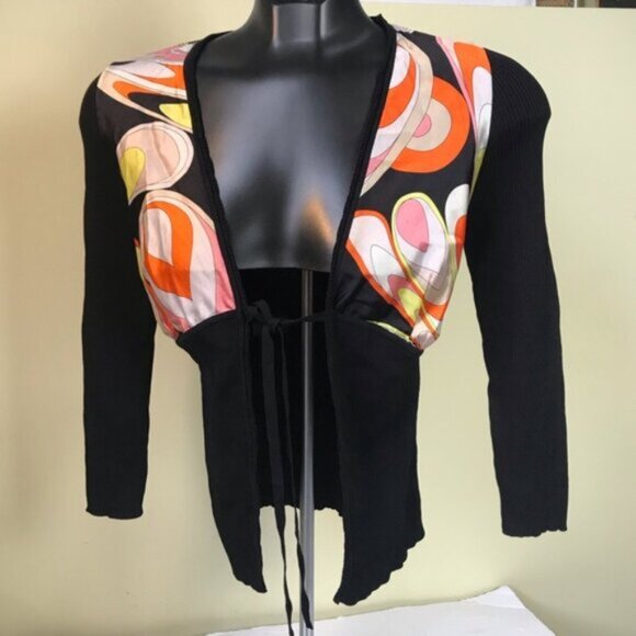 EMILIO PUCCI Silk Graphic Abstract Print Tie Front Cardigan Knit Sweater Top 8 - Picture 3 of 16